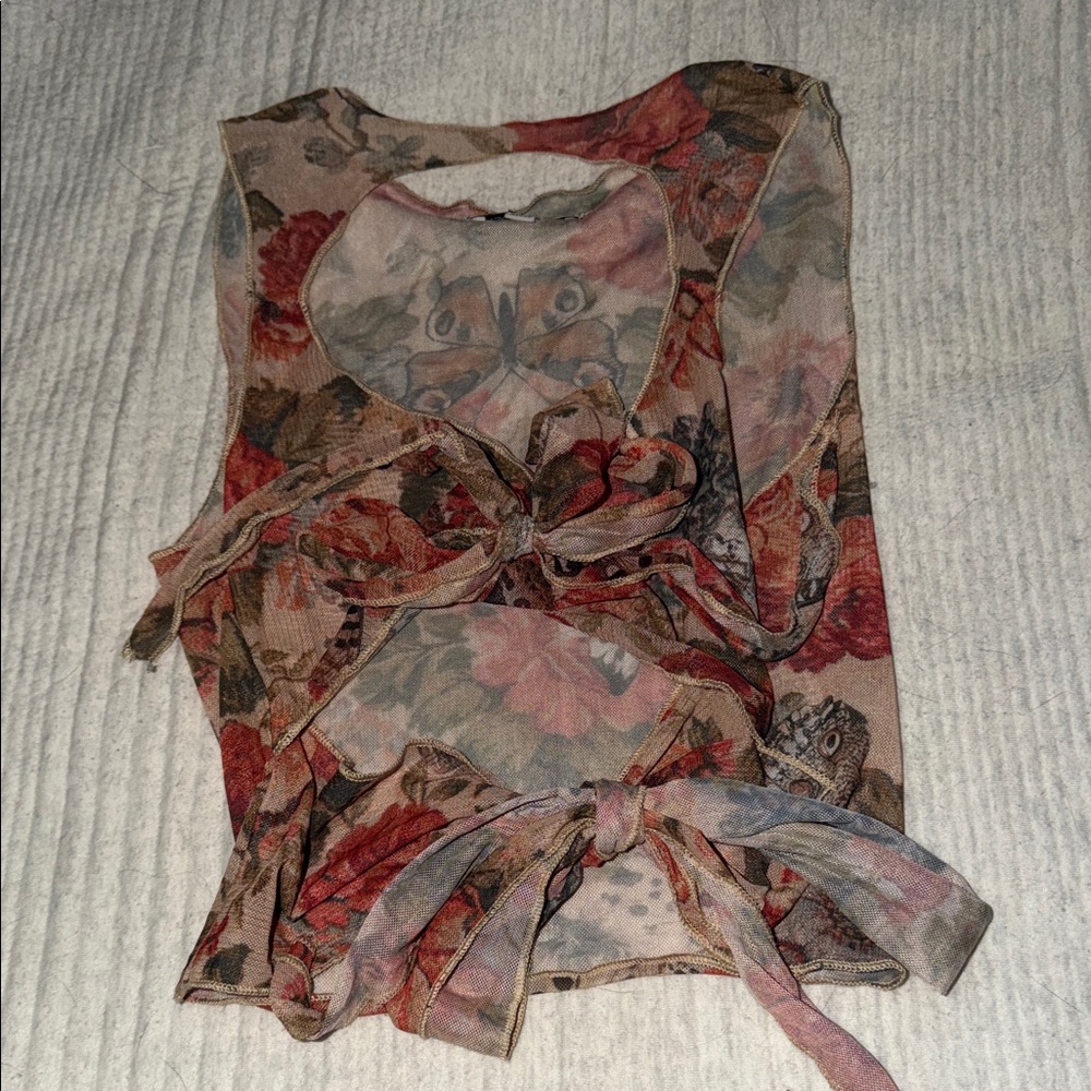 Floral Sleeveless Mesh Tie-Front Top